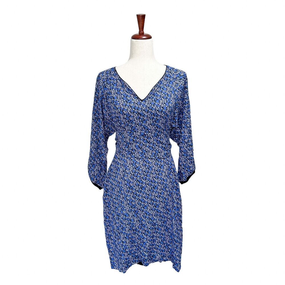 Chemins Blancs‎ Dress Women's Size 40 US Medium 10 Longsleeve Blue Midi Print